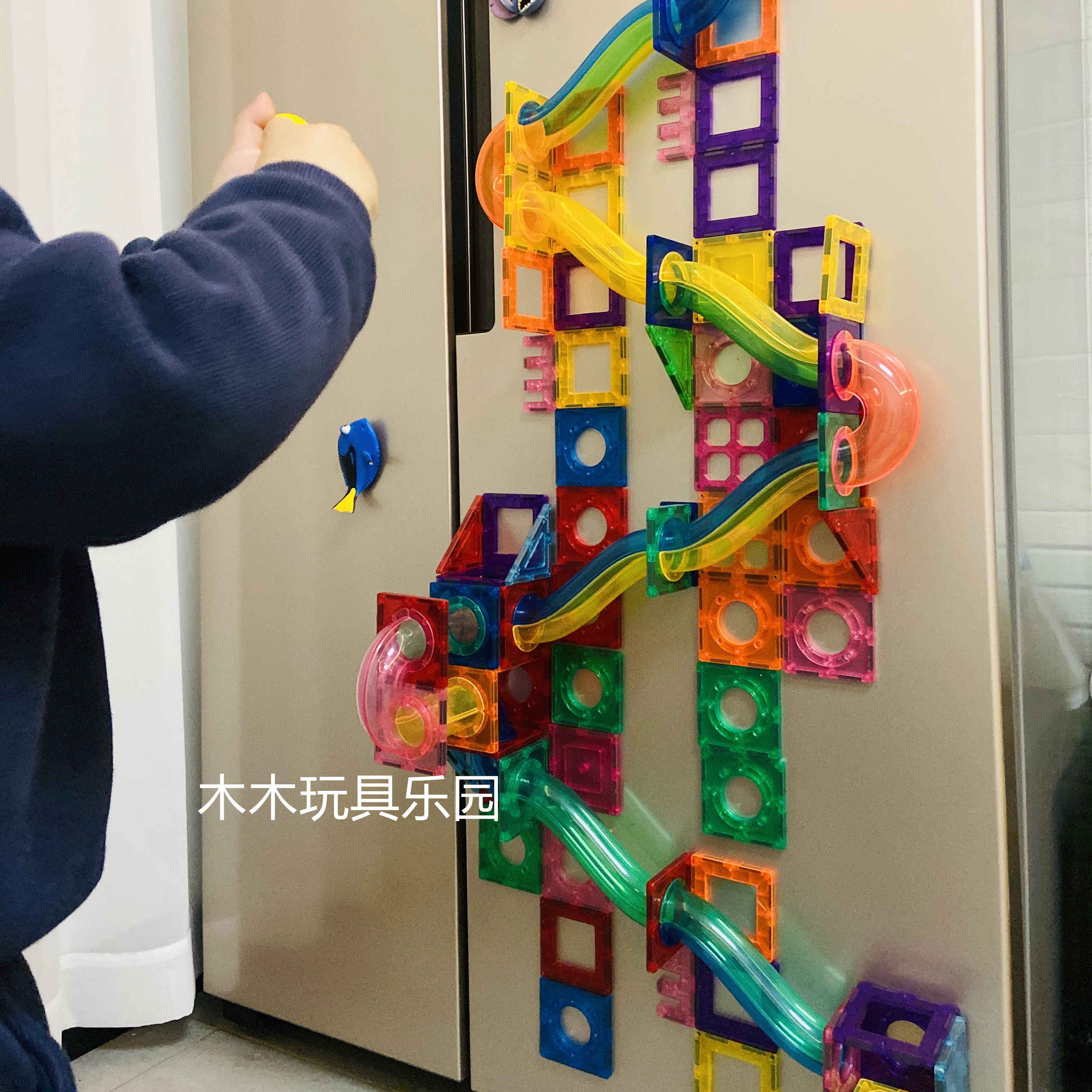 彩窗管道磁力片 轨道小球 复古波普风花纹磁力搭建幼儿童空间玩具
