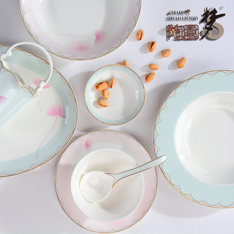 陶园梦碗碟套装家用中式骨瓷碗盘饭碗面碗汤碗鱼盘西餐盘陶瓷碗碟