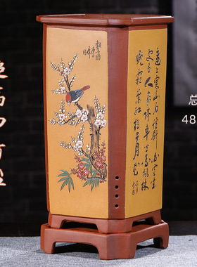 高48cm精品紫砂盆超高四方签筒花盆悬崖花盆带底座客厅落地花盆