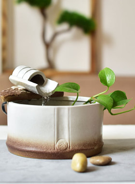 陶迷小型流水器喷泉装饰品客厅办公室竹节创意造型装饰品摆件陶瓷