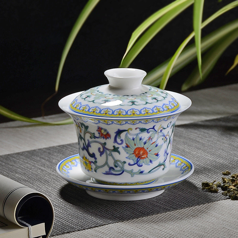 华光陶瓷 茶盖碗 三才盖碗 骨瓷家用大号泡茶碗带盖防烫 国彩天姿