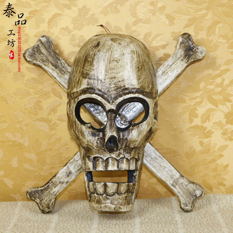 泰国木雕工艺品东南亚实木手工雕刻骷髅头酒吧壁饰创意面具挂件