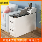 沙发边柜侧边柜带钢化玻璃黑白大理石纹路边几柜可移动沙发边柜