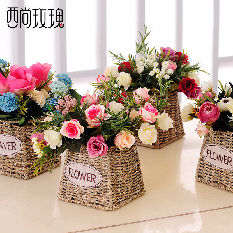 绣球玫瑰草编花篮仿真假花摆件客厅餐桌装饰插花电视柜茶几小摆设,家居饰品,仿真花/假花,淘宝优惠券,粉丝福利购,淘宝优惠卷