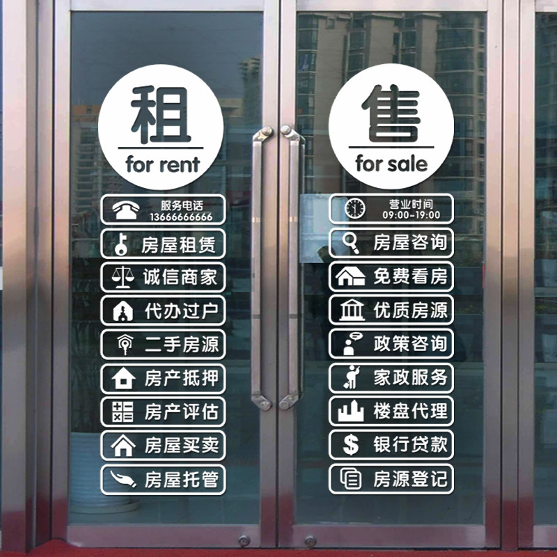 房产中介玻璃门贴纸租售房源广告玻璃贴地产中介门店装饰布置墙贴