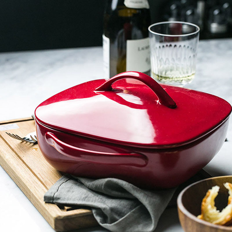 烤碗双耳芝士焗饭烤盘带盖陶瓷餐具长方形大号盘子家用烘焙烤箱