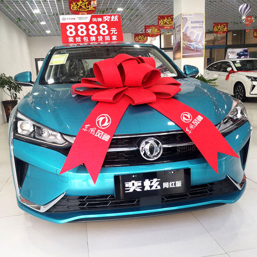 新车提车汽车蝴蝶结汽车4S店展厅布置展车装饰车头大红蝴蝶结花