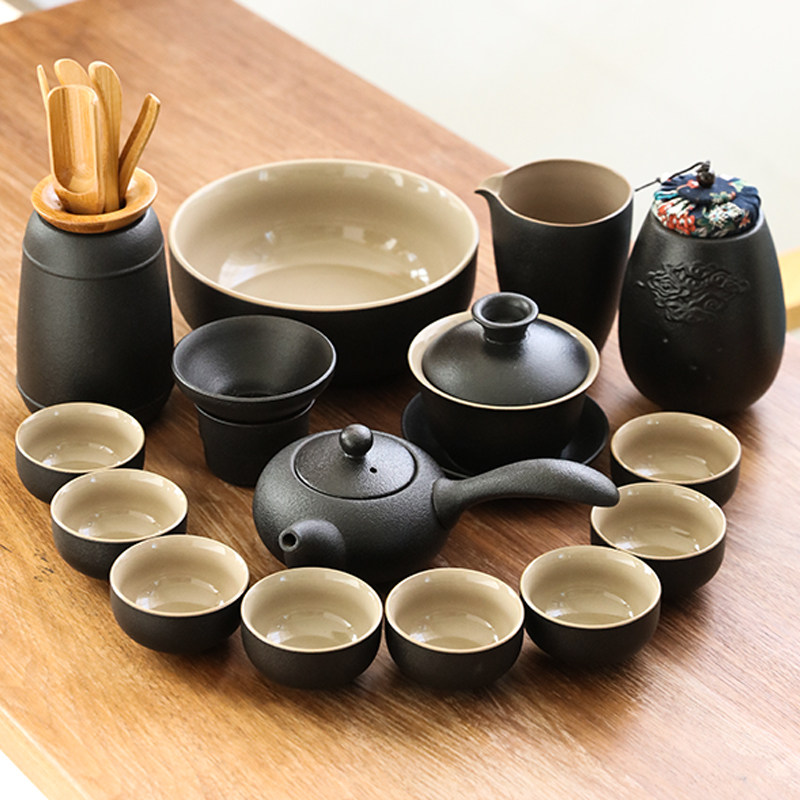 凌胜禅风黑黑陶茶具套装家用功夫茶杯粗陶陶瓷盖碗泡茶壶茶海茶道