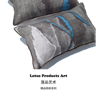 蓝灰色水墨亚麻现代中式沙发抱枕长方形靠包靠枕靠垫腰枕套不含芯