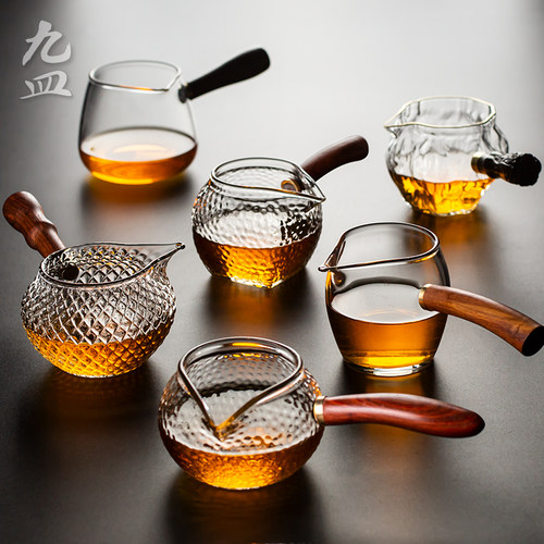 九皿侧把玻璃公道杯木把公杯茶漏套装耐热过滤茶海功夫茶具倒茶器