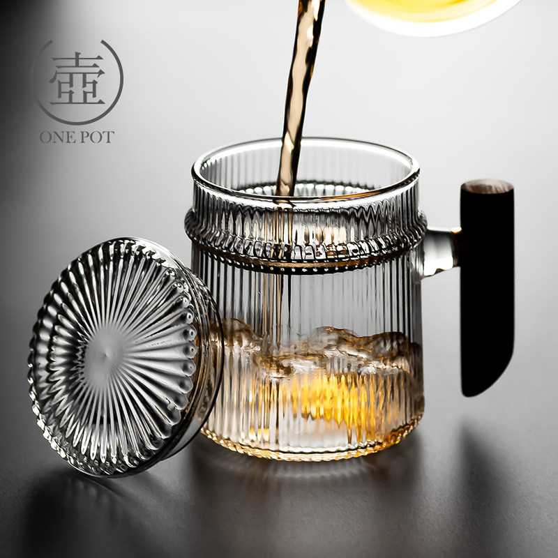 木把透明玻璃杯家用过滤泡茶杯耐热花茶杯茶水分离水杯带盖把杯子