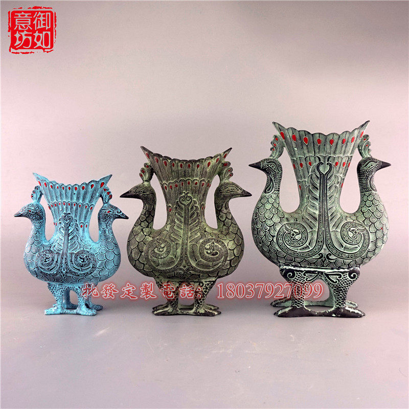 仿古青铜摆件青铜双凤杯酒樽吉祥鸟尊花瓶古玩装饰工艺品花插笔筒