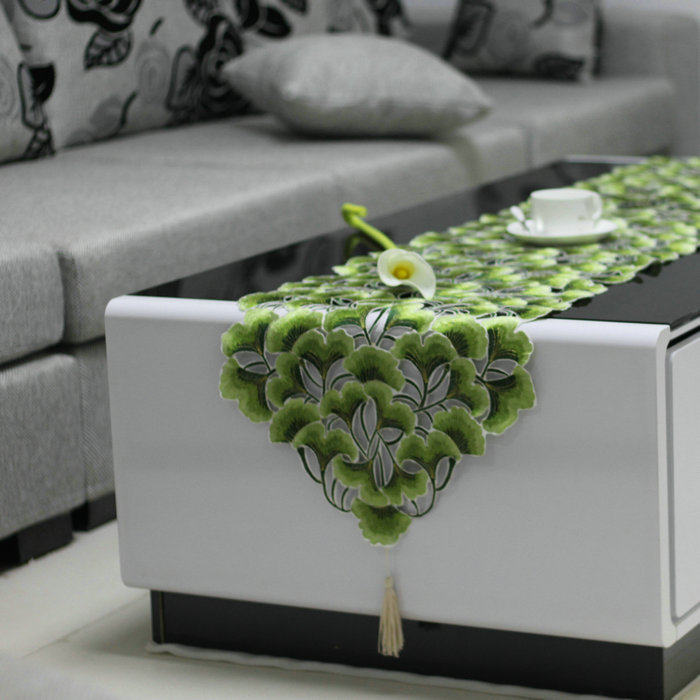 电视柜桌布奢华满工绣花茶几布绿色桌旗布刺绣镂空餐桌垫布艺田园