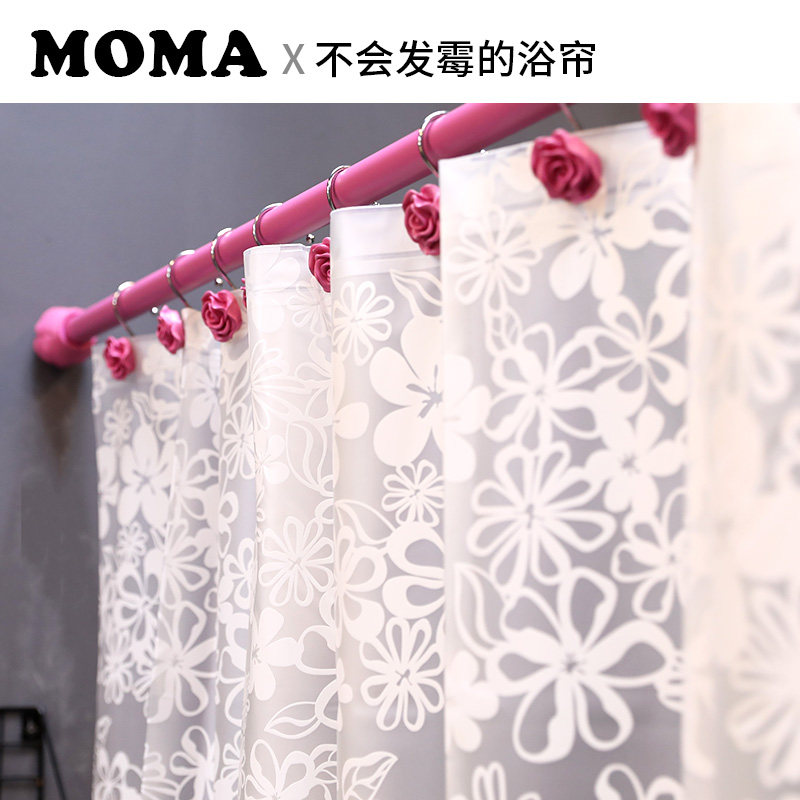 默玛免打孔浴帘套装伸缩杆浴室挂帘隔断帘防水防霉卫生间白色花蔓