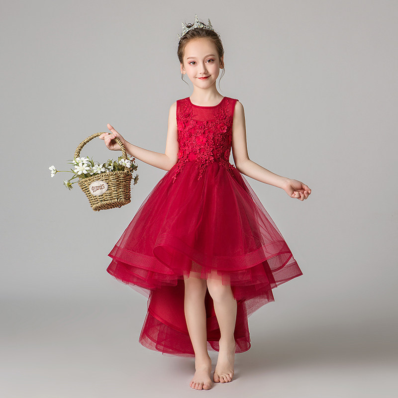 小女孩公主裙女童蓬蓬纱洋气花童晚礼服儿童主持人钢琴演出服红色