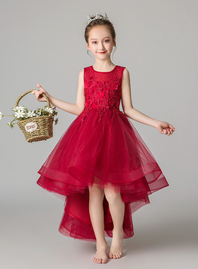 小女孩公主裙女童蓬蓬纱洋气花童晚礼服儿童主持人钢琴演出服红色