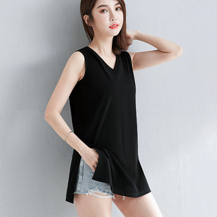 黑色无袖t恤女夏季宽松外穿中长款下摆开叉破洞背心上衣新款大码
