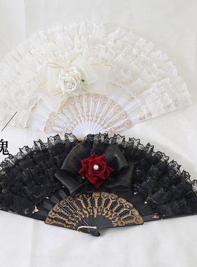 复古蕾丝扇子折扇古风洛丽塔新款古典甜美仙气少女Lolit暗黑哥特
