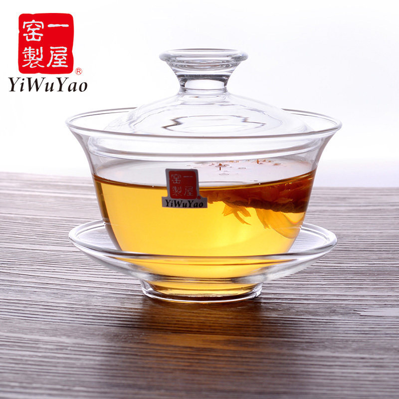 一屋窑盖碗泡茶杯不烫手三才碗耐热玻璃杯三炮台透明茶碗功夫茶具