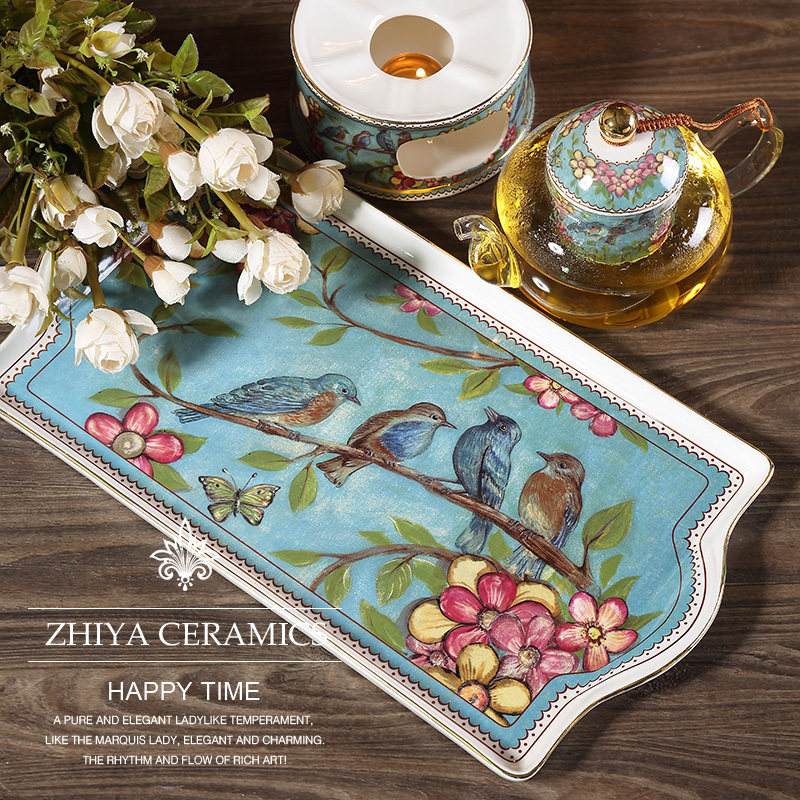梦幻之蓝欧式陶瓷长方形托盘果盘茶盘糕点盘蛋糕盘客厅茶几茶杯盘,餐饮具,盘,淘宝优惠券,粉丝福利购,淘宝优惠卷