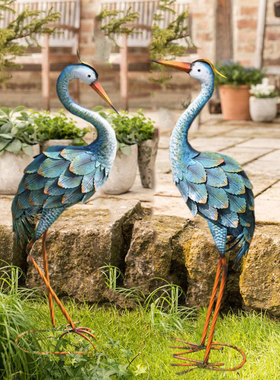 岛拉蓝色铁艺仙鹤铁质水鸟庭院摆件 花园别墅草地景观阳台装饰品