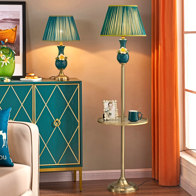 落地灯美式简约客厅沙发茶几灯带置物架书房卧室床头立式遥控台灯