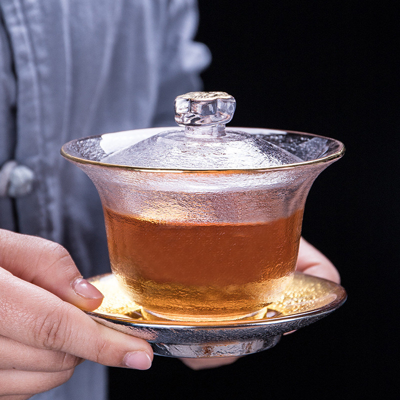 描金水晶玻璃盖碗茶杯 耐热加厚三才茶碗大号泡茶功夫茶主人杯子