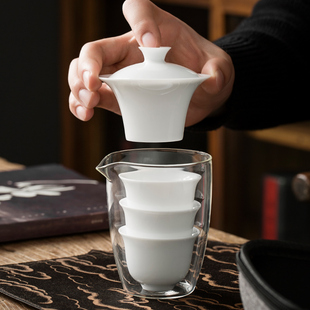 甜白瓷快客杯陶瓷马蹄盖碗一盖碗三杯玻璃便携式旅行功夫茶具套装