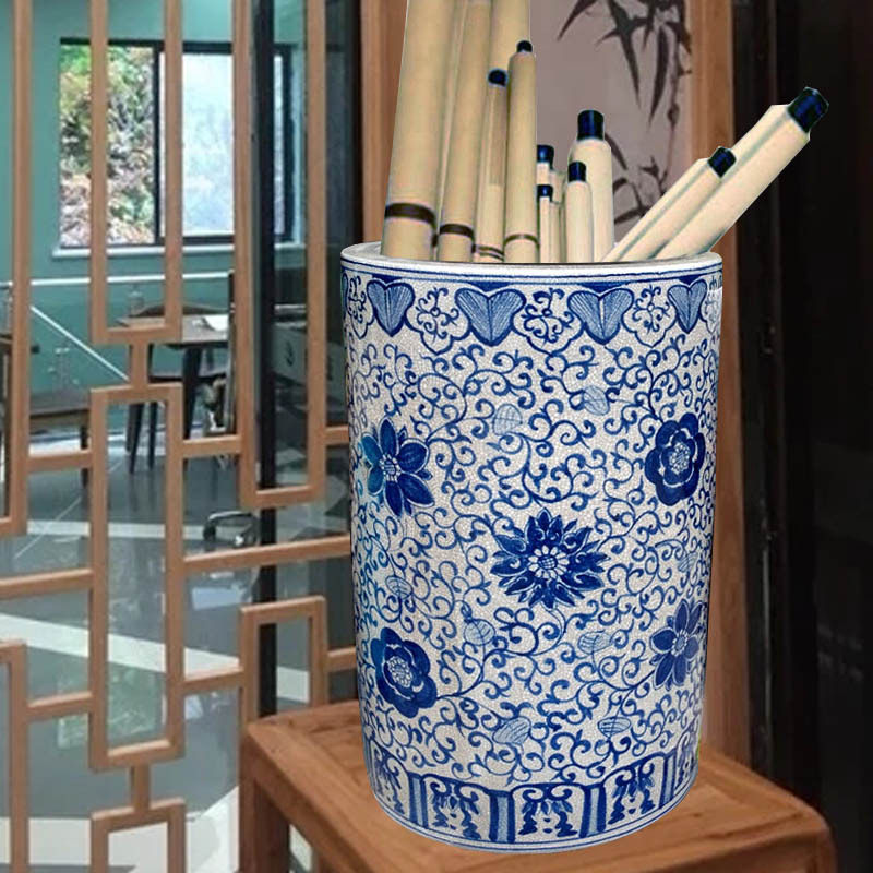 画缸卷轴缸景德镇复古青花书画筒手绘官窑箭筒陶瓷书画桶字画收纳