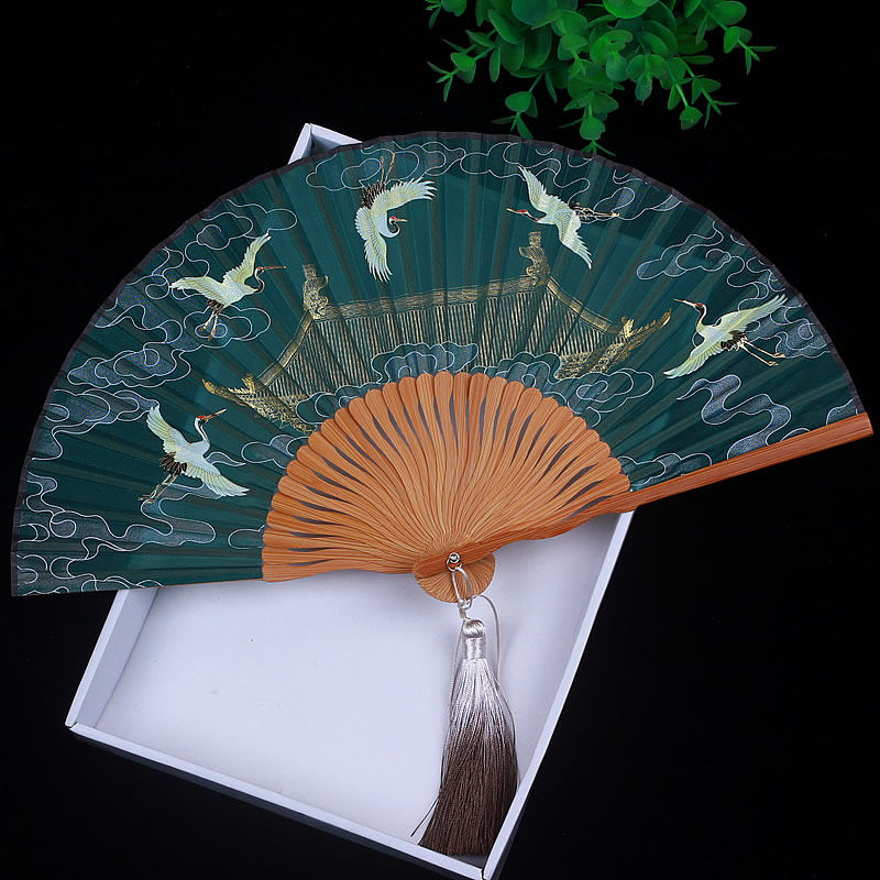 高颜值女式扇子丝绸手工古风折扇汉服旗袍复古随身便携舞蹈仙鹤小