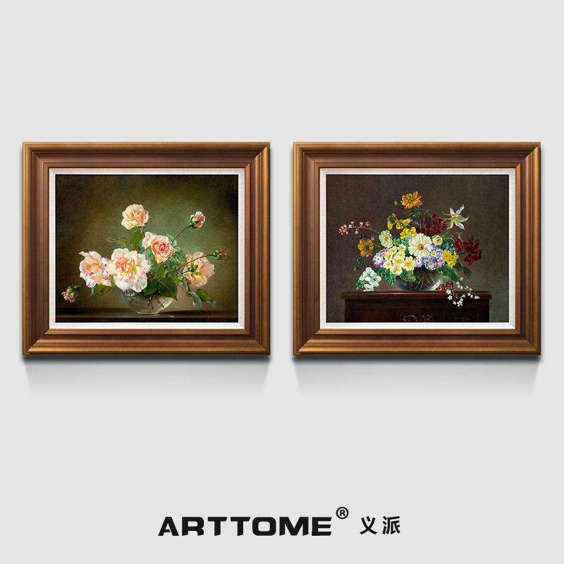 玫瑰花束 英国古典花卉静物写实油画美式客厅餐厅卧室双联装饰画