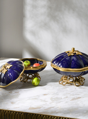 宝蓝色陶瓷储物罐客厅电视柜工艺品 欧美式家居饰品玄关酒柜摆件