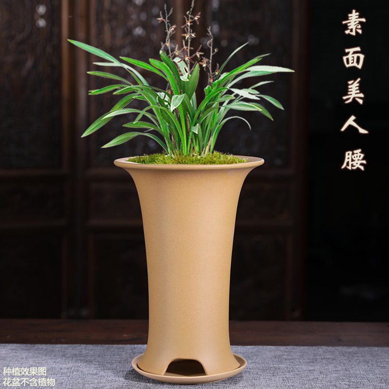 精品兰花盆透气紫砂花盆带托盘兰花专用盆高腰圆形家用室内高花盆