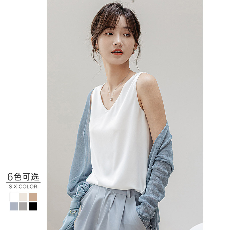 双层雪纺吊带背心女2021春夏v领宽松外穿内搭白色打底衫无袖上衣