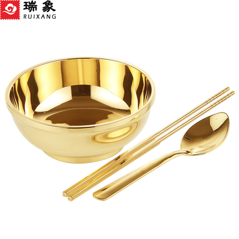 瑞象 纯铜碗家用铜筷子铜勺子三件套铜餐具米饭碗大号金饭碗摆件