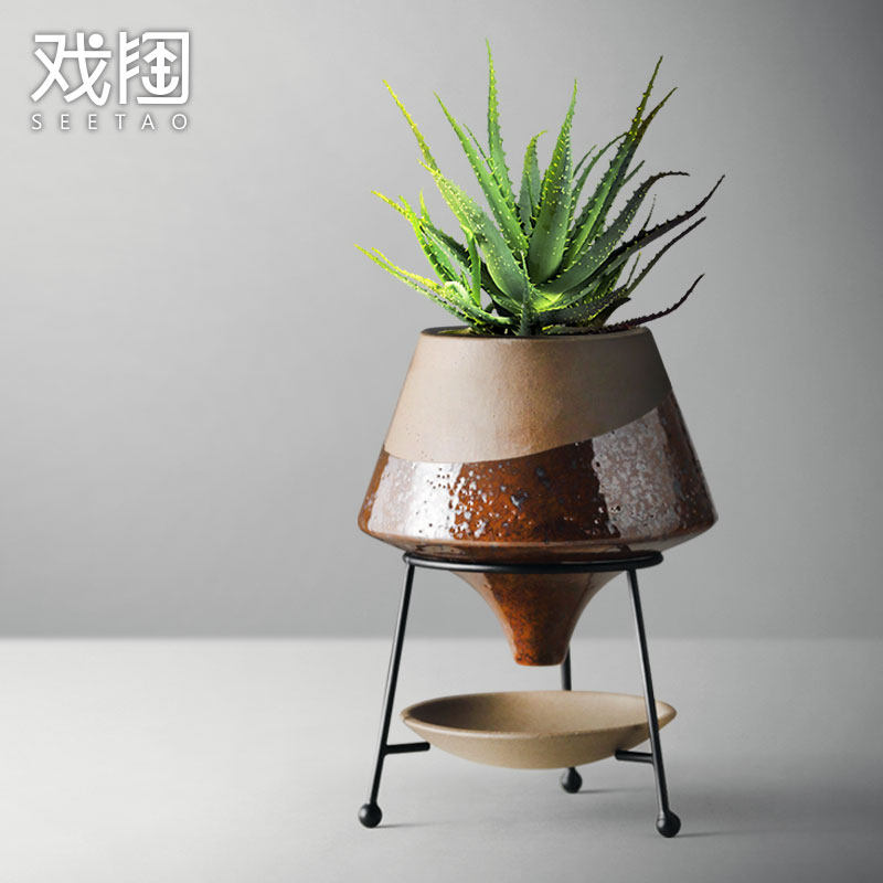 北欧简约铁艺花器套装家居水培绿萝铁架工艺陶瓷客厅摆件装饰花瓶