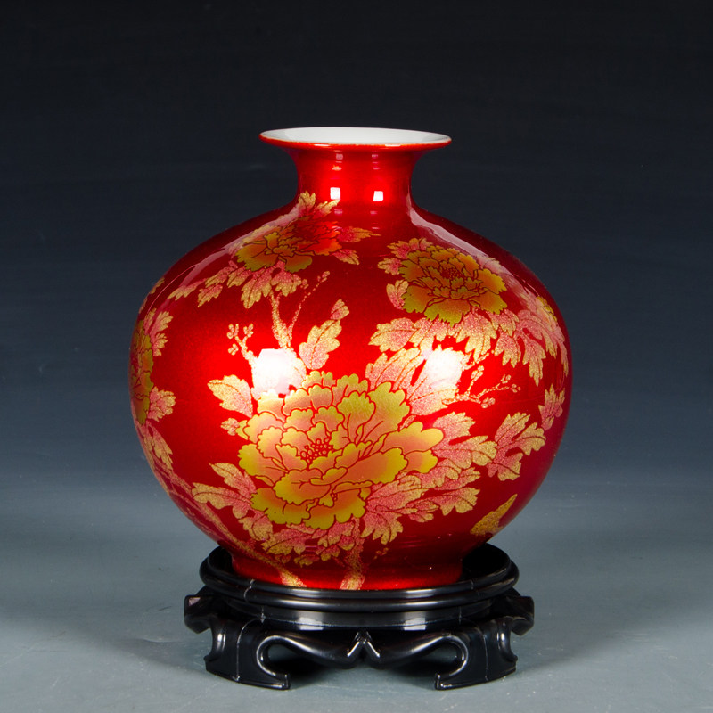 景德镇陶瓷器中国红色水晶釉石榴花瓶插花创意家居客厅装饰品摆件