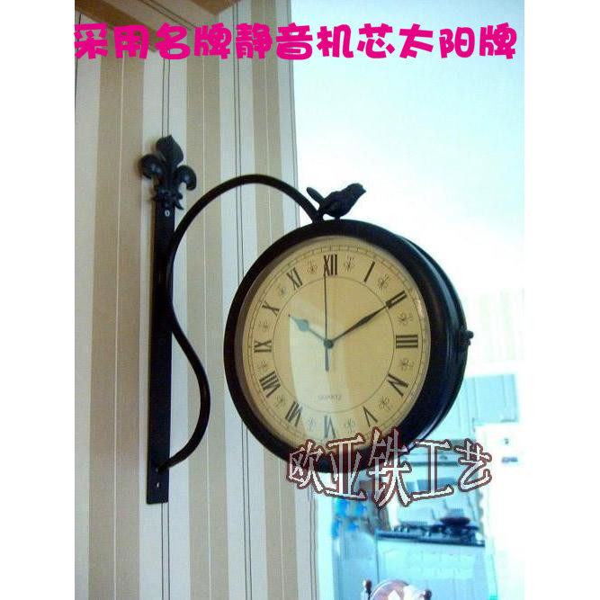 时尚简约铁艺双面挂钟 客厅双面钟表静音 田园个性小鸟两面钟包邮