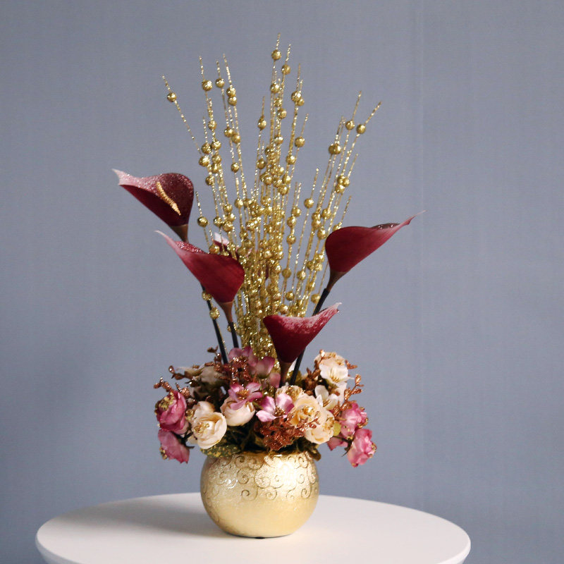 圣诞节设计师客厅餐桌欧式仿真花套装假花装饰花艺摆设金色摆件