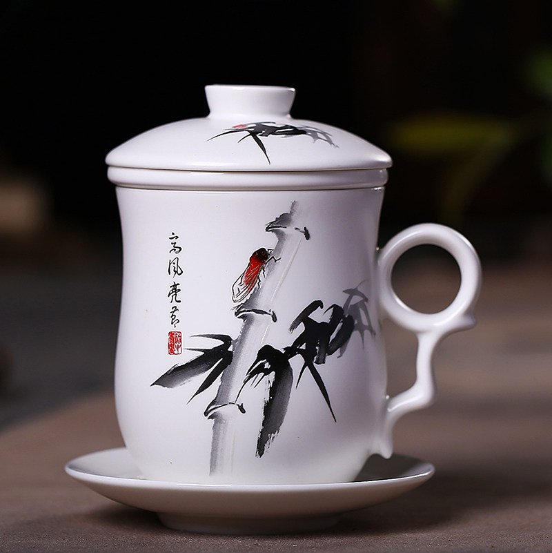 景德镇陶瓷茶杯带盖过滤水杯四件套陶瓷泡茶杯茶具办公会议个人杯