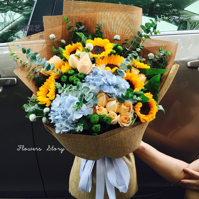 杭州鲜花速递同城向日葵玫瑰花混搭花束男士生日商务订鲜花送上门