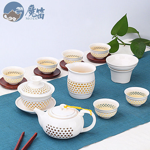 玲珑镂空创意陶瓷功夫茶具套装家用泡茶杯小茶壶德化简约盖碗客厅
