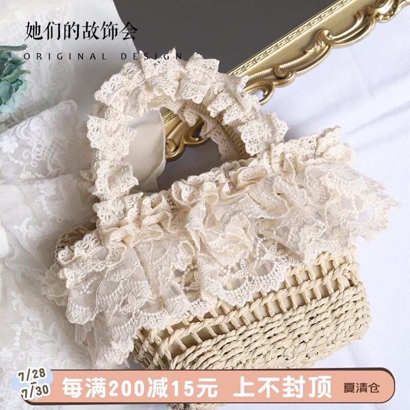 草编手提包原创手作Lolita法式田园风蕾丝边软妹森系沙滩编织包女