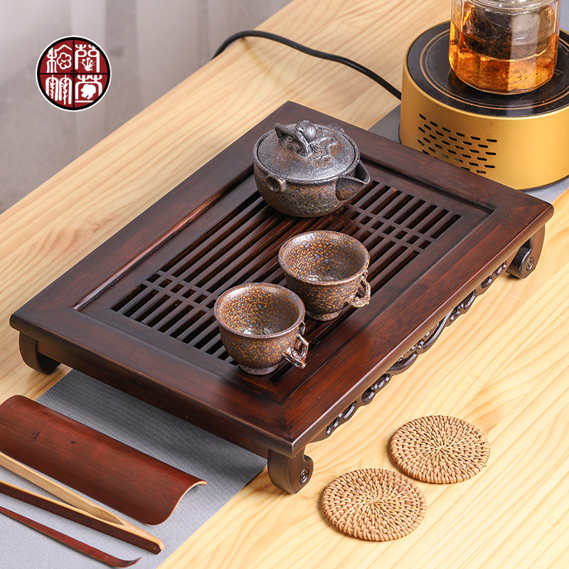 功夫茶竹茶盘中式家用小型竹制干泡茶台储水式长方形茶具托盘复古