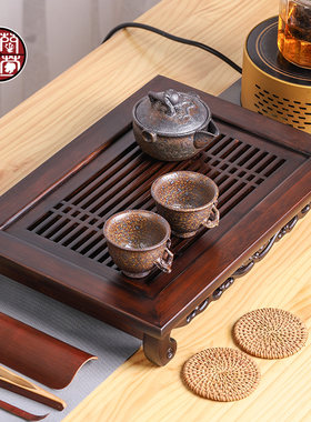 功夫茶竹茶盘中式家用小型竹制干泡茶台储水式长方形茶具托盘复古