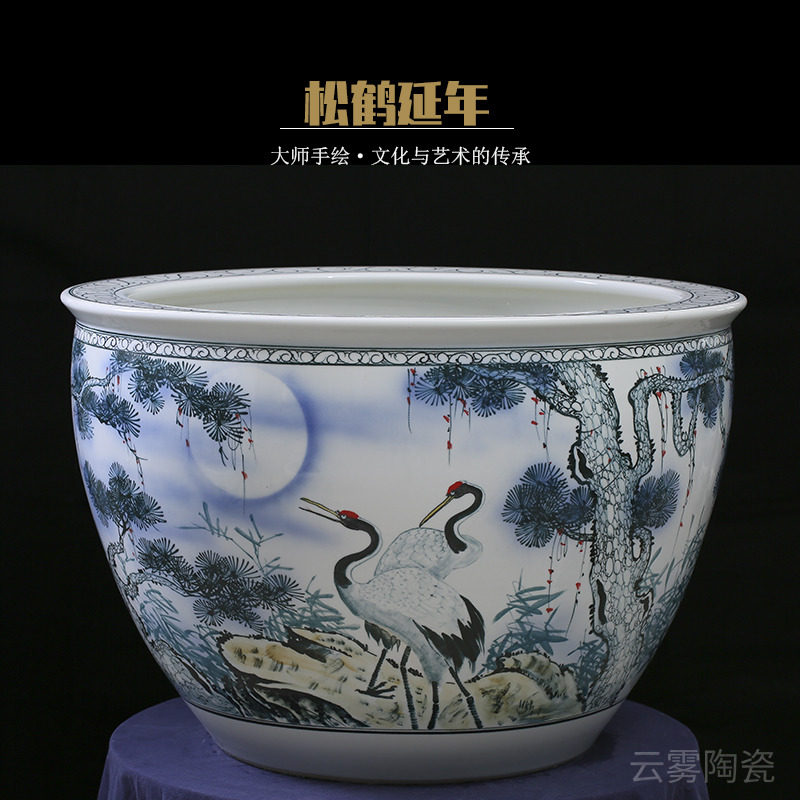 景德镇陶瓷鱼缸手工绘画大号睡莲荷花养鱼盆大号大厅户外庭院院子