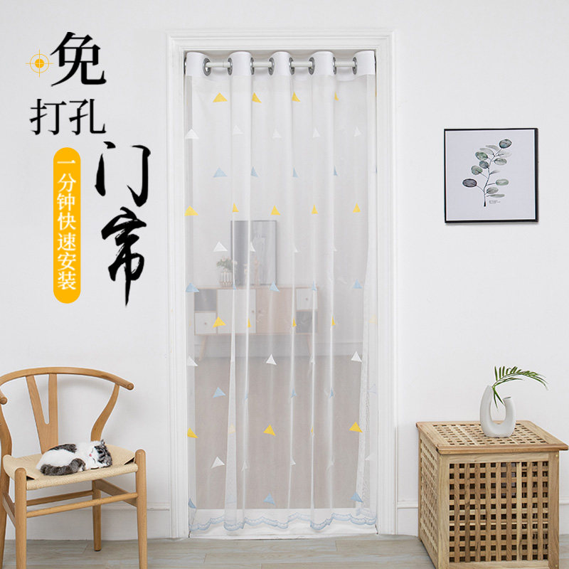 家用免打孔空调门帘卧室厨房防蚊透气蕾丝绣花长帘布艺装饰隔断帘