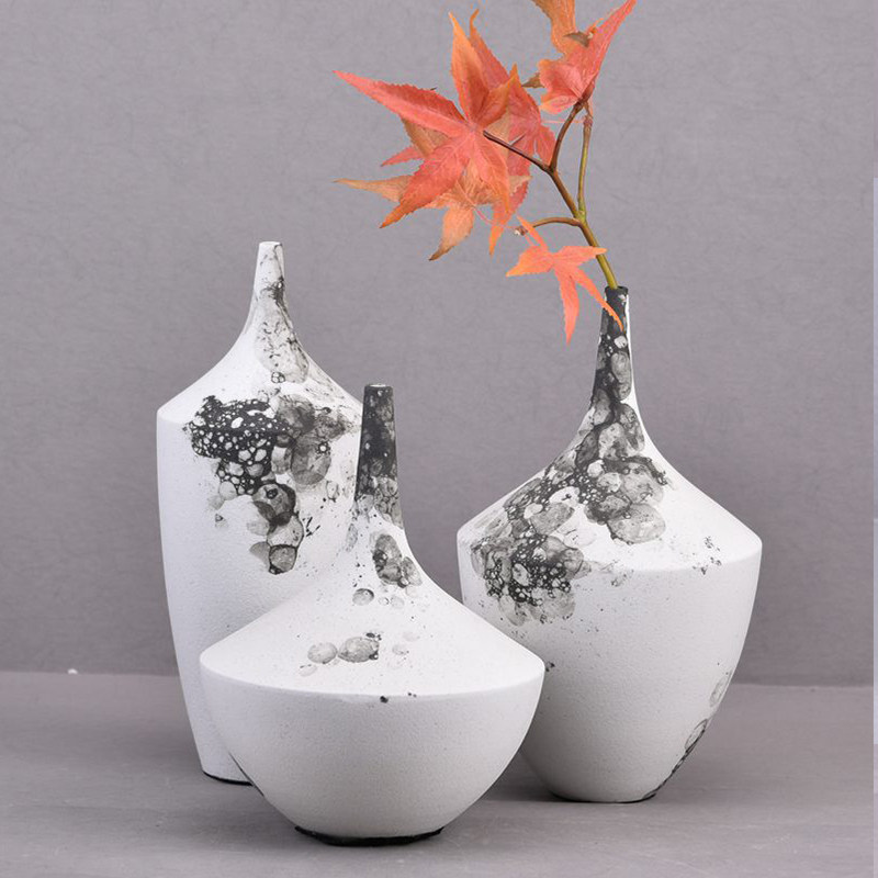 新中式陶瓷水墨花器细口花瓶插花软装饰品样板客厅电视柜创意摆件