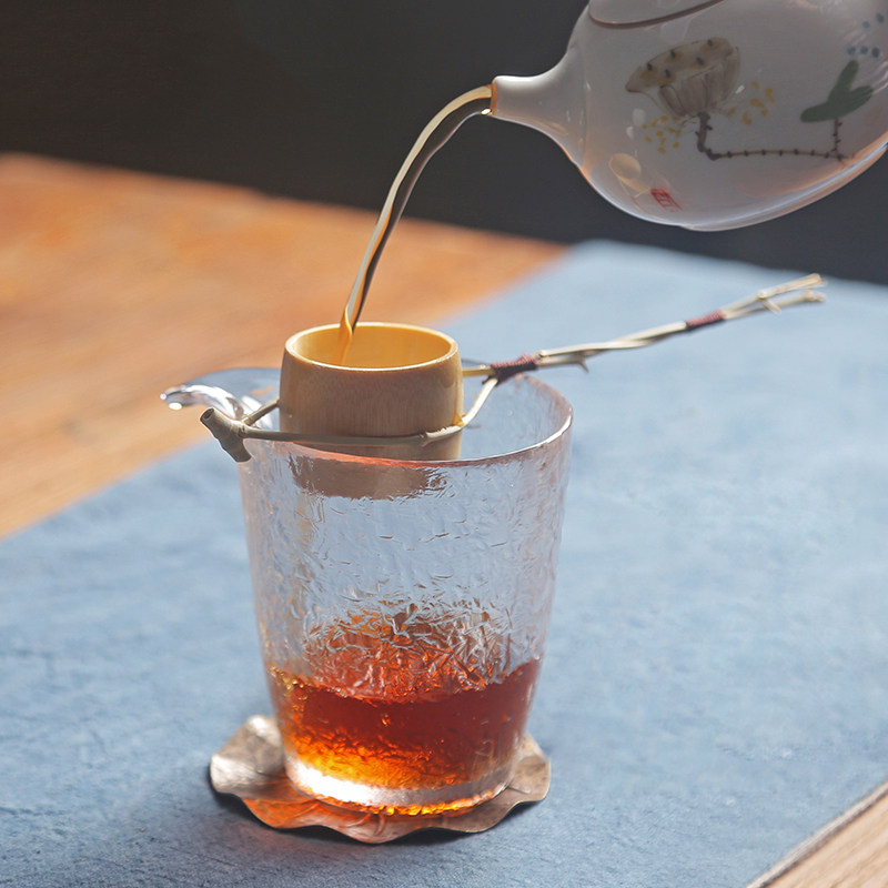 竹茶滤玻璃公道杯组合 功夫茶具茶漏分茶公杯套装 锤目纹耐热茶海