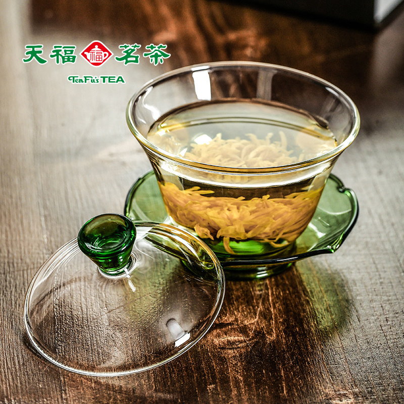天福茗茶彼物春溪三才玻璃盖碗茶杯单个泡茶大号加厚耐热手工茶具